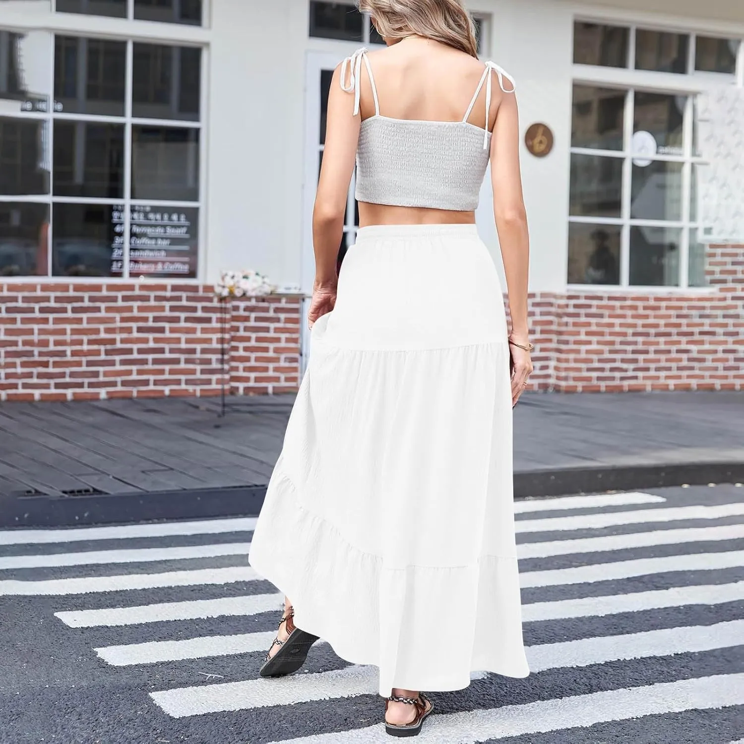 Women's High Elastic Waist Ruffle Tiered High Split Drawstring Flowy Vacation Beach Summer A-Line Maxi Skirt