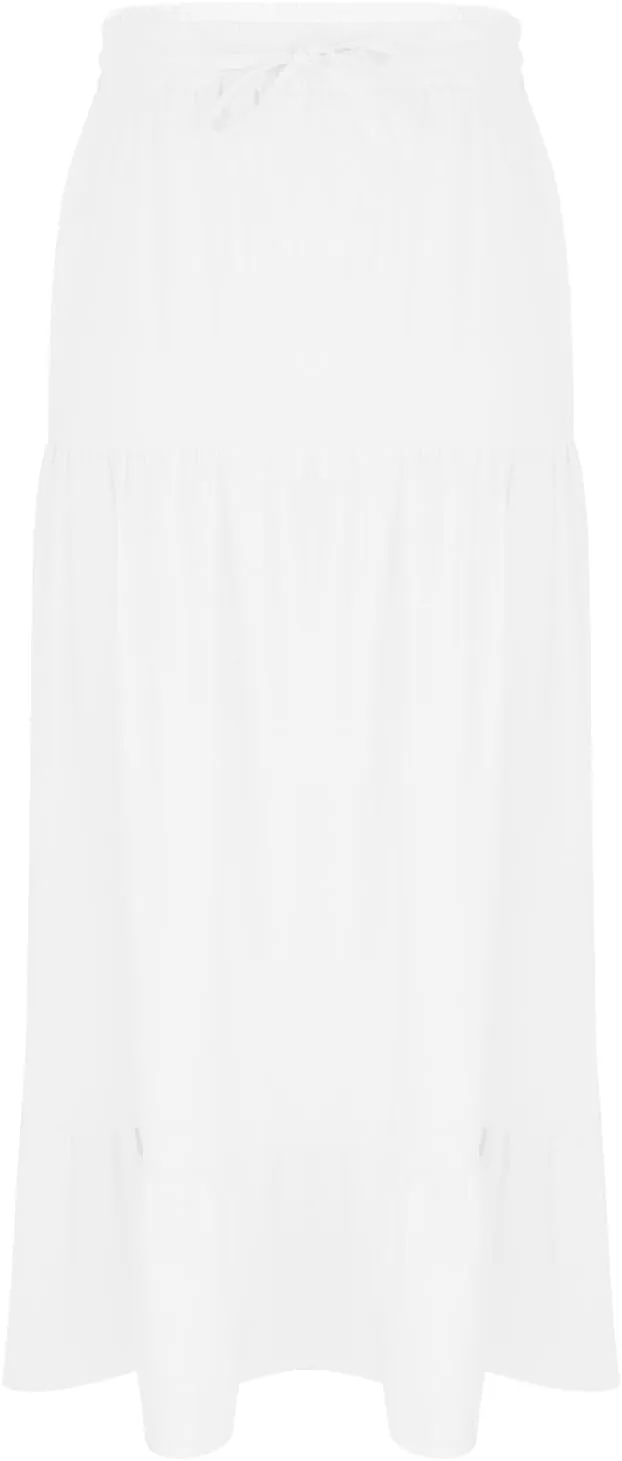 Women's High Elastic Waist Ruffle Tiered High Split Drawstring Flowy Vacation Beach Summer A-Line Maxi Skirt