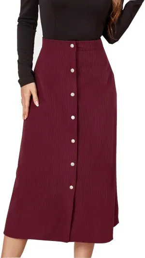 Women's High Waist Corduroy Midi Skirt Button Front A-Line Belted Long Skirts Dressy Casual Work Office Trendy Skirt