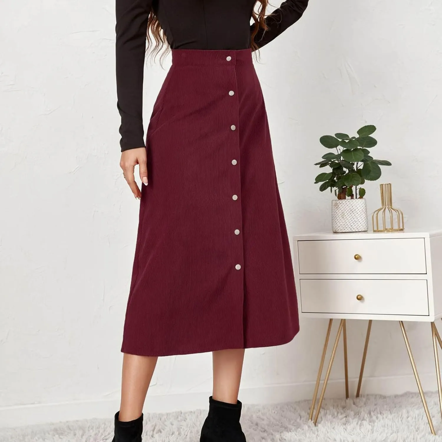Women's High Waist Corduroy Midi Skirt Button Front A-Line Belted Long Skirts Dressy Casual Work Office Trendy Skirt