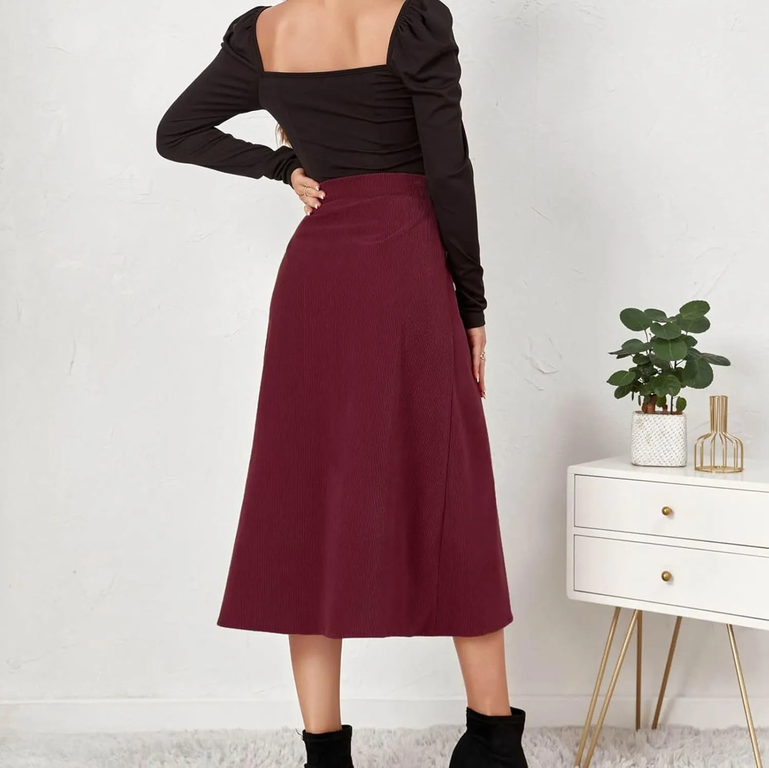 Women's High Waist Corduroy Midi Skirt Button Front A-Line Belted Long Skirts Dressy Casual Work Office Trendy Skirt