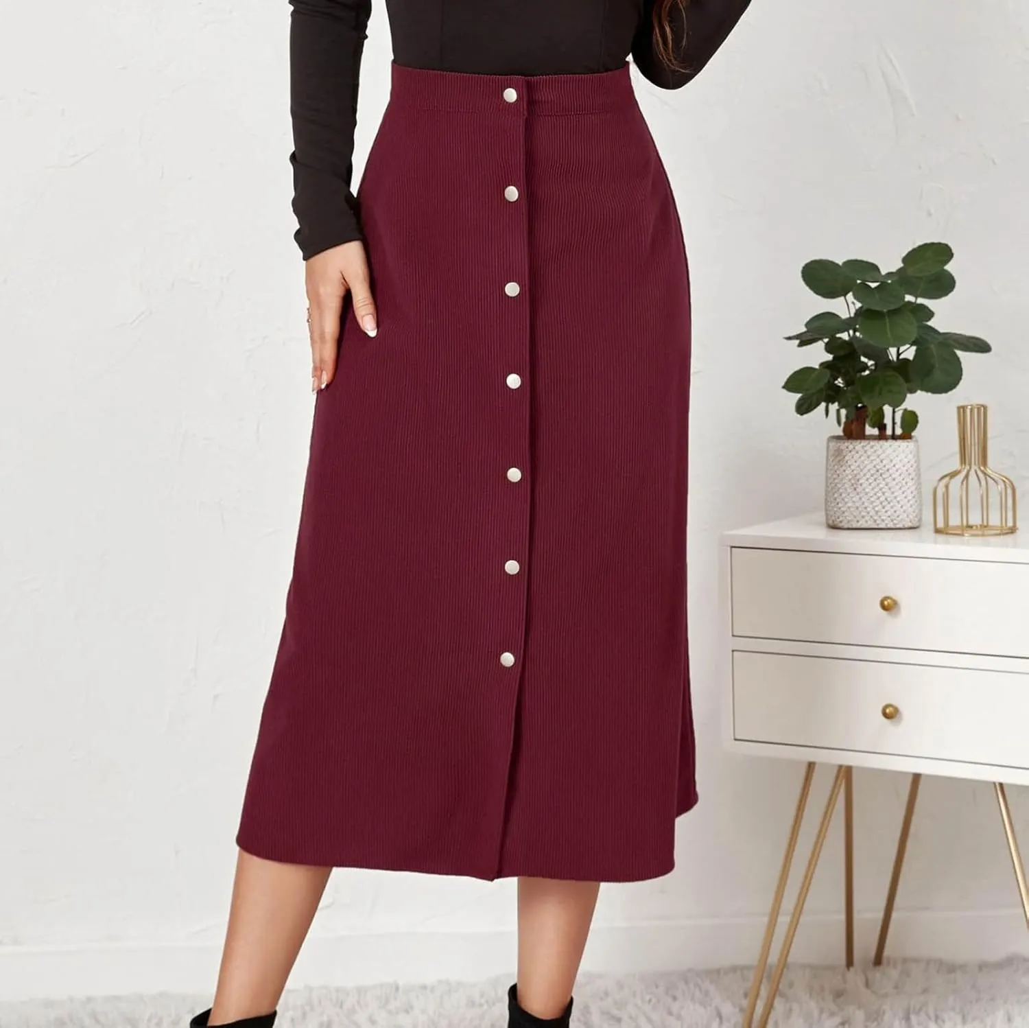 Women's High Waist Corduroy Midi Skirt Button Front A-Line Belted Long Skirts Dressy Casual Work Office Trendy Skirt