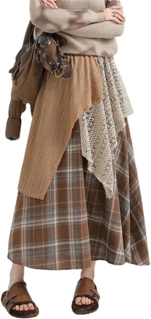 Women's High Waist Splice Maxi Skirts Block Plaid Cotton Winter Style Irregular Vintage Skirts