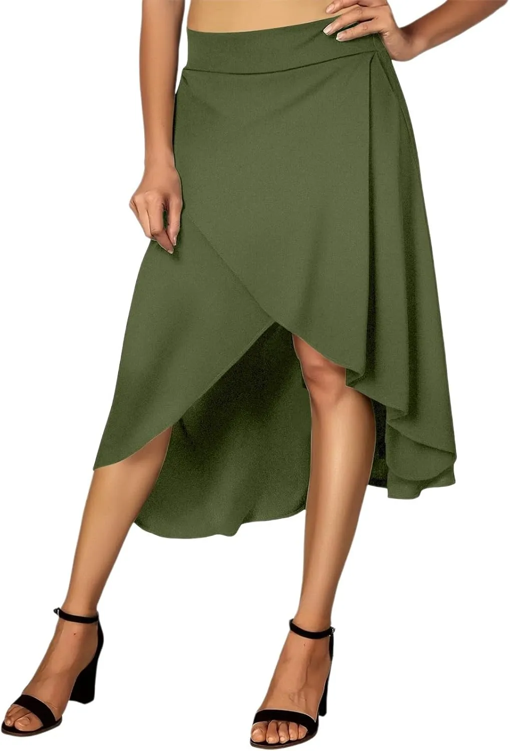 Women's High Waisted Ruffled Asymmetric Hem Long Skirt Split High Low Stretchy Skirt Handkerchief Hemline Midi Skirt