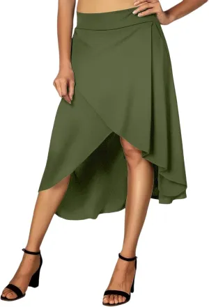 Women's High Waisted Ruffled Asymmetric Hem Long Skirt Split High Low Stretchy Skirt Handkerchief Hemline Midi Skirt
