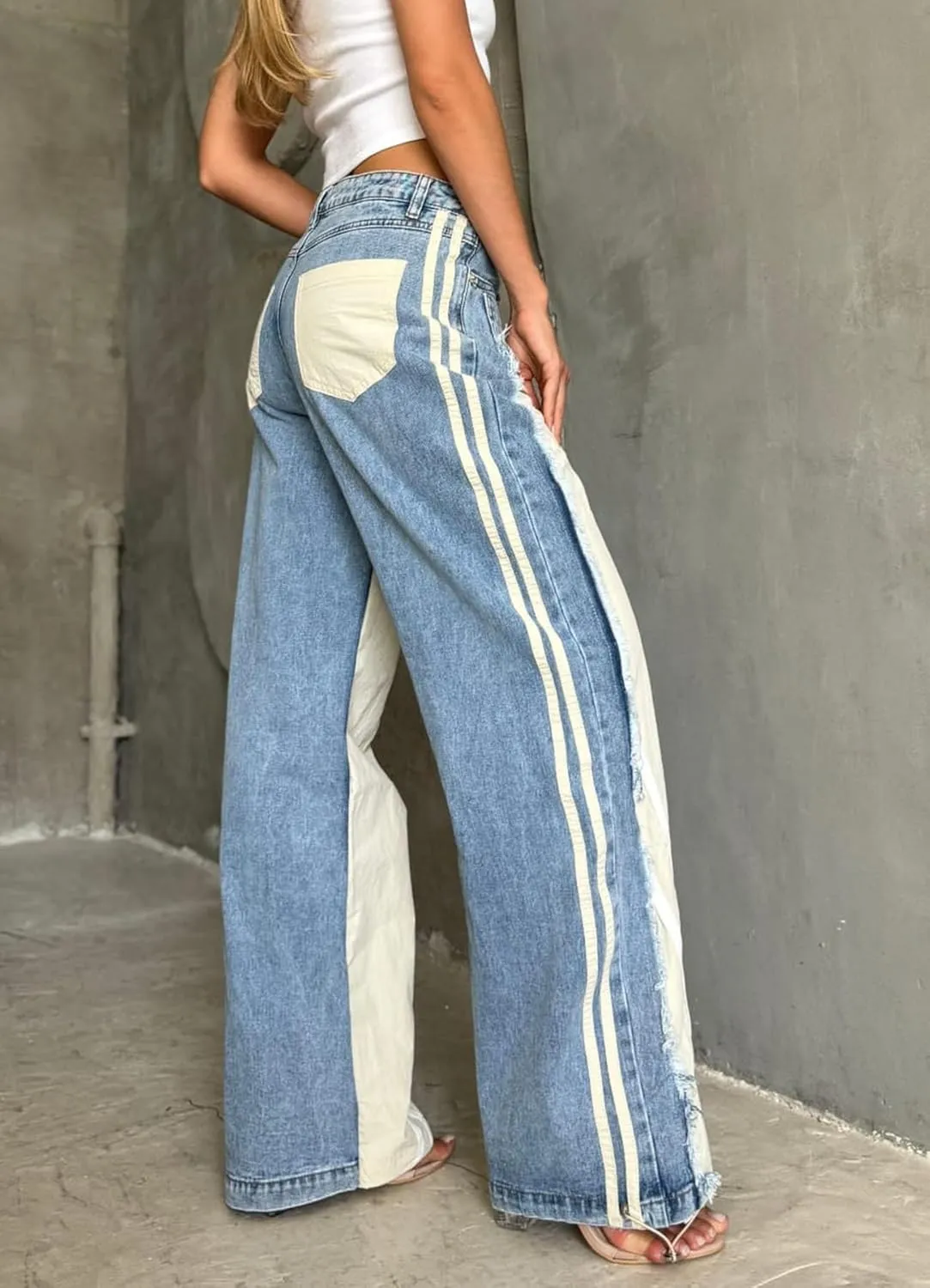Womens High Waisted Straight Wide Leg Jeans Stretch Casual Patchwork Baggy Y2k Streetwear Pockets Denim Pants
