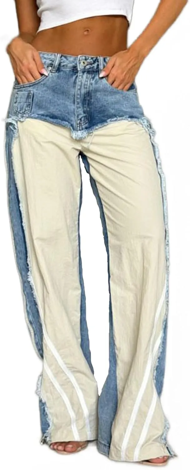 Womens High Waisted Straight Wide Leg Jeans Stretch Casual Patchwork Baggy Y2k Streetwear Pockets Denim Pants