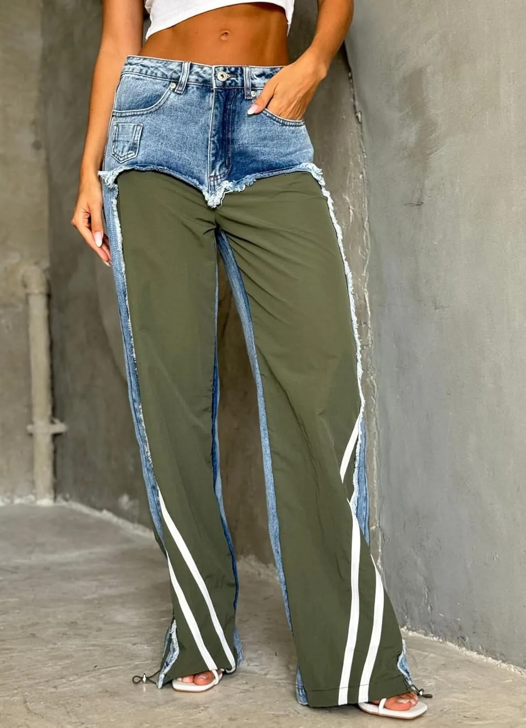 Womens High Waisted Straight Wide Leg Jeans Stretch Casual Patchwork Baggy Y2k Streetwear Pockets Denim Pants