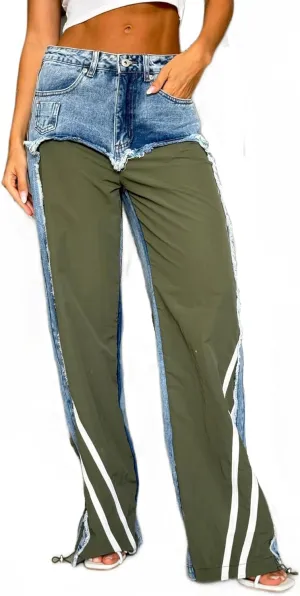Womens High Waisted Straight Wide Leg Jeans Stretch Casual Patchwork Baggy Y2k Streetwear Pockets Denim Pants
