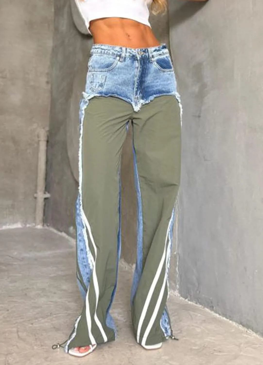 Womens High Waisted Straight Wide Leg Jeans Stretch Casual Patchwork Baggy Y2k Streetwear Pockets Denim Pants