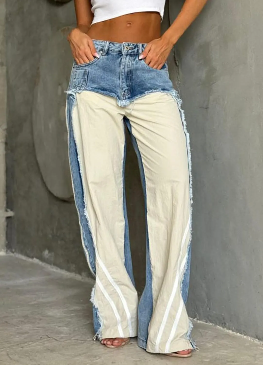 Womens High Waisted Straight Wide Leg Jeans Stretch Casual Patchwork Baggy Y2k Streetwear Pockets Denim Pants