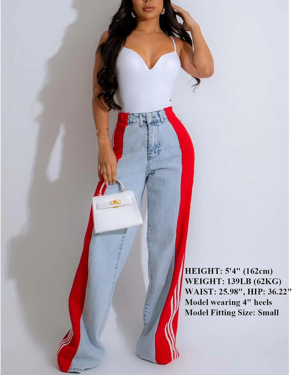 Womens Jeans High Waisted Wide Leg Striped Patchwork Color Block Stretchy Loose Straight Denim Pants