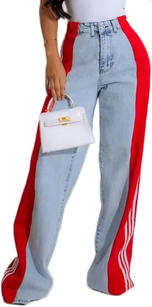 Womens Jeans High Waisted Wide Leg Striped Patchwork Color Block Stretchy Loose Straight Denim Pants