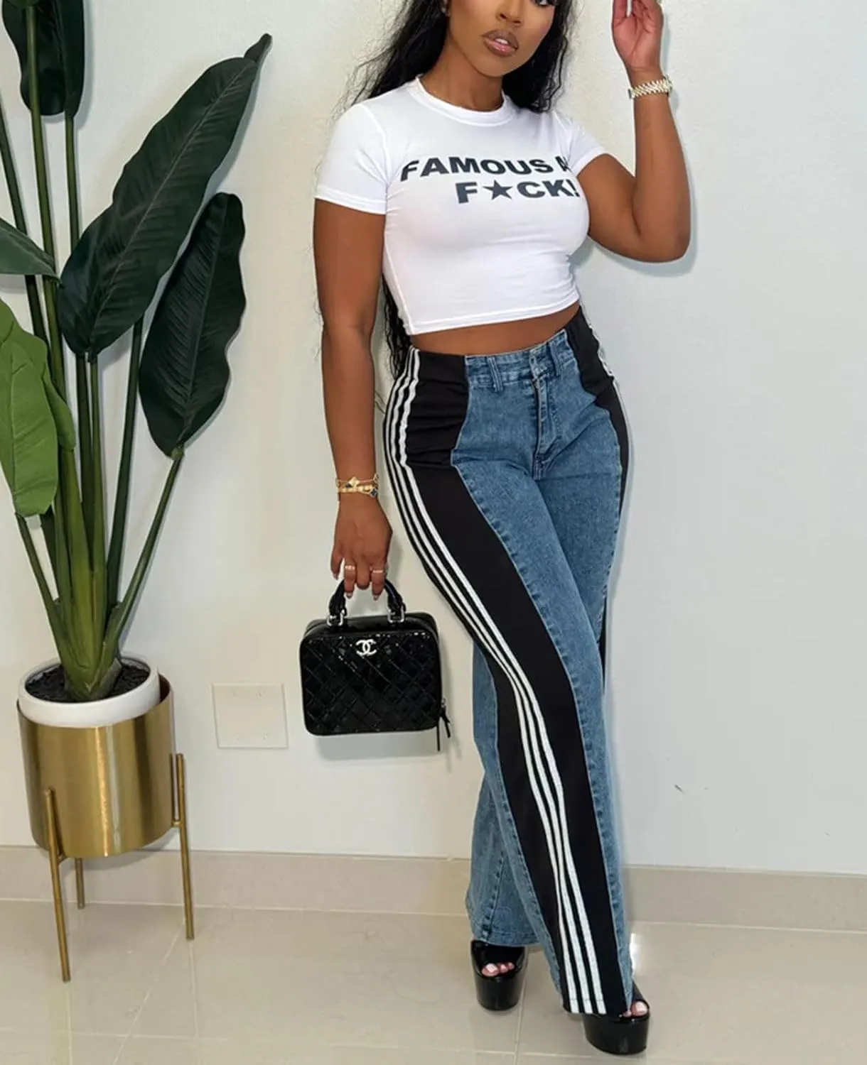 Womens Jeans High Waisted Wide Leg Striped Patchwork Color Block Stretchy Loose Straight Denim Pants