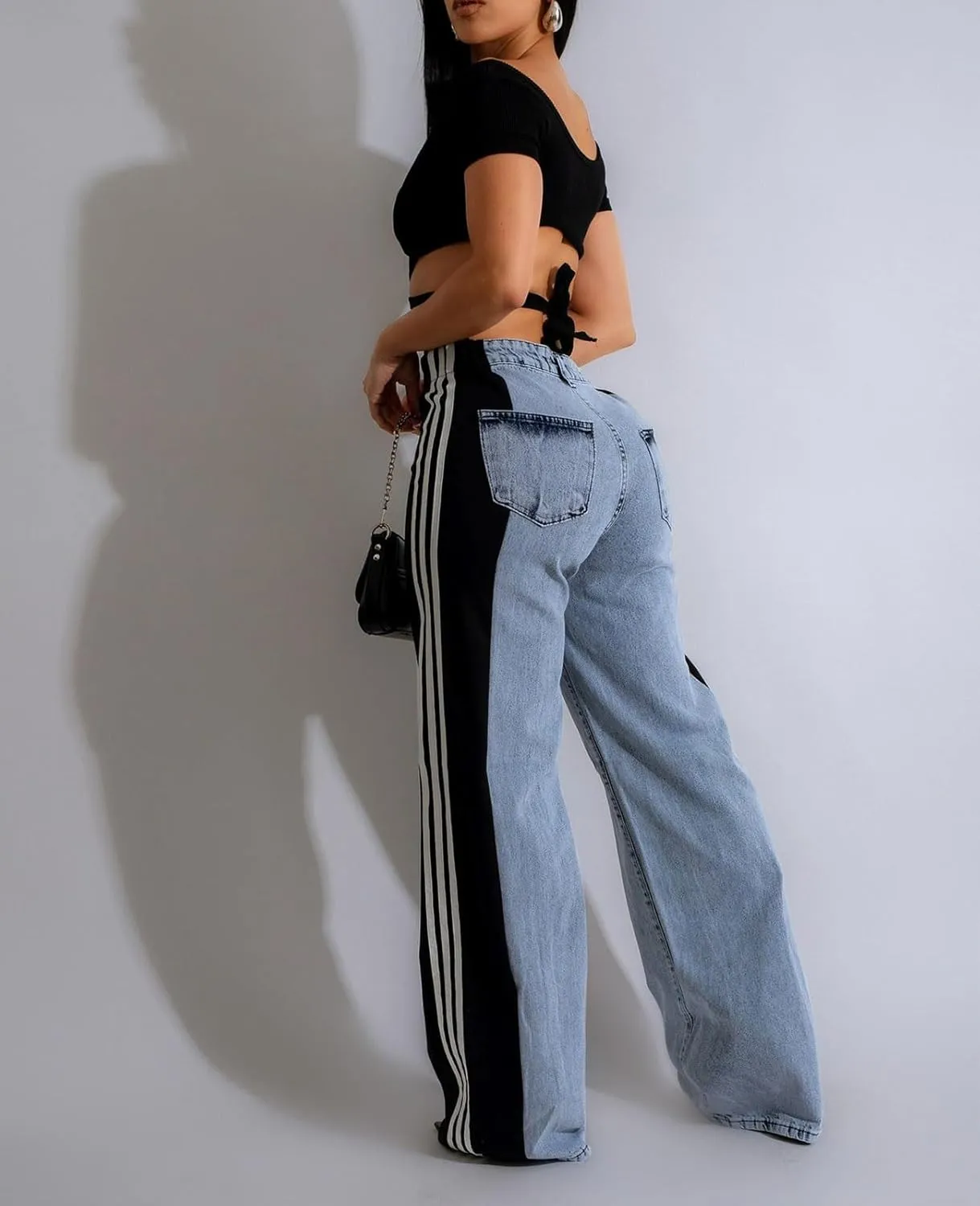 Womens Jeans High Waisted Wide Leg Striped Patchwork Color Block Stretchy Loose Straight Denim Pants