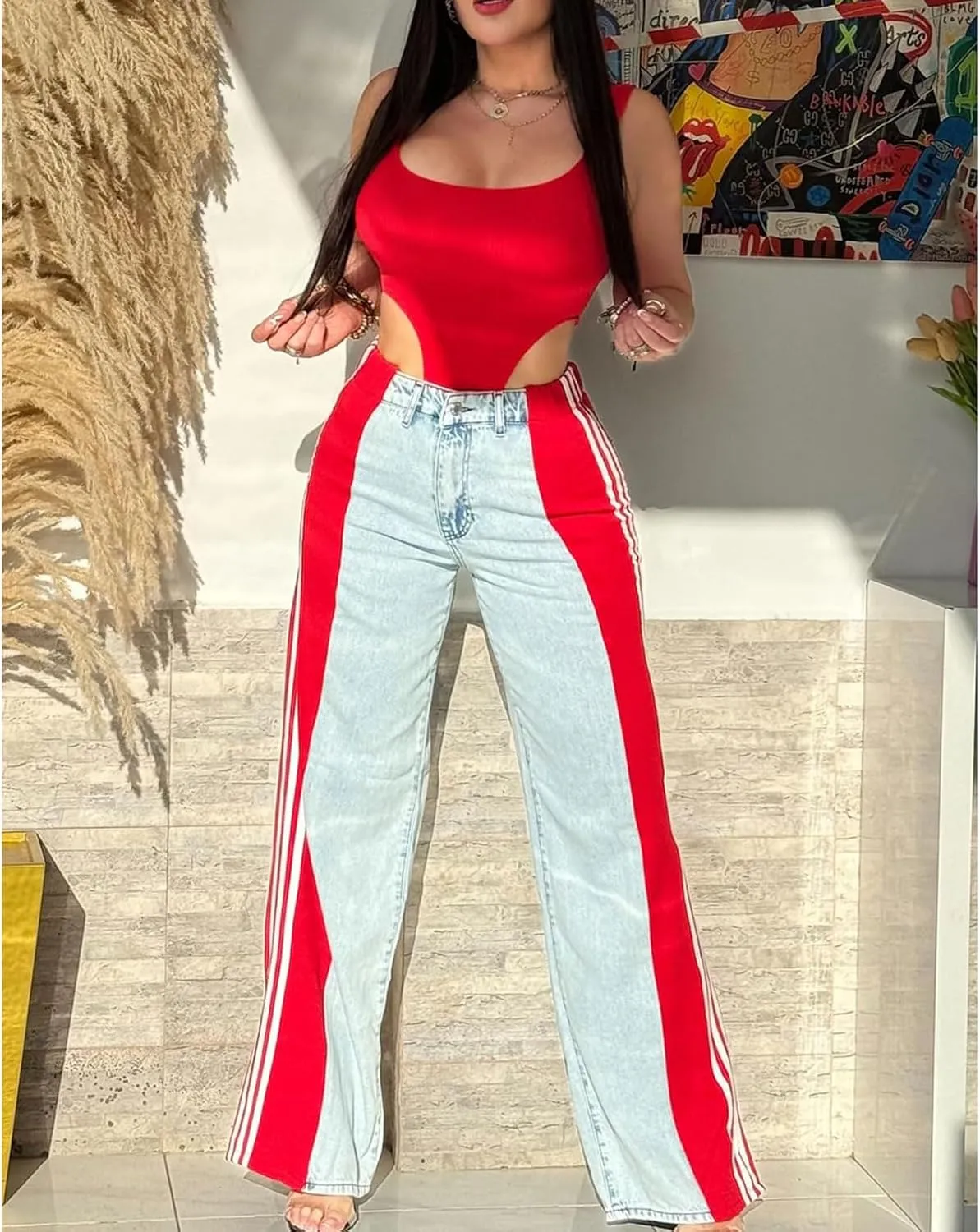 Womens Jeans High Waisted Wide Leg Striped Patchwork Color Block Stretchy Loose Straight Denim Pants