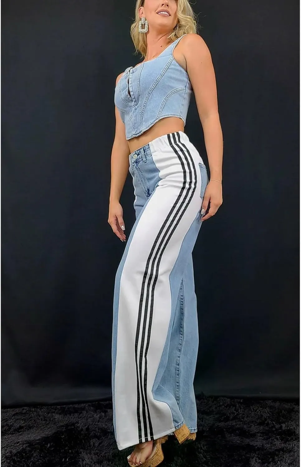 Womens Jeans High Waisted Wide Leg Striped Patchwork Color Block Stretchy Loose Straight Denim Pants