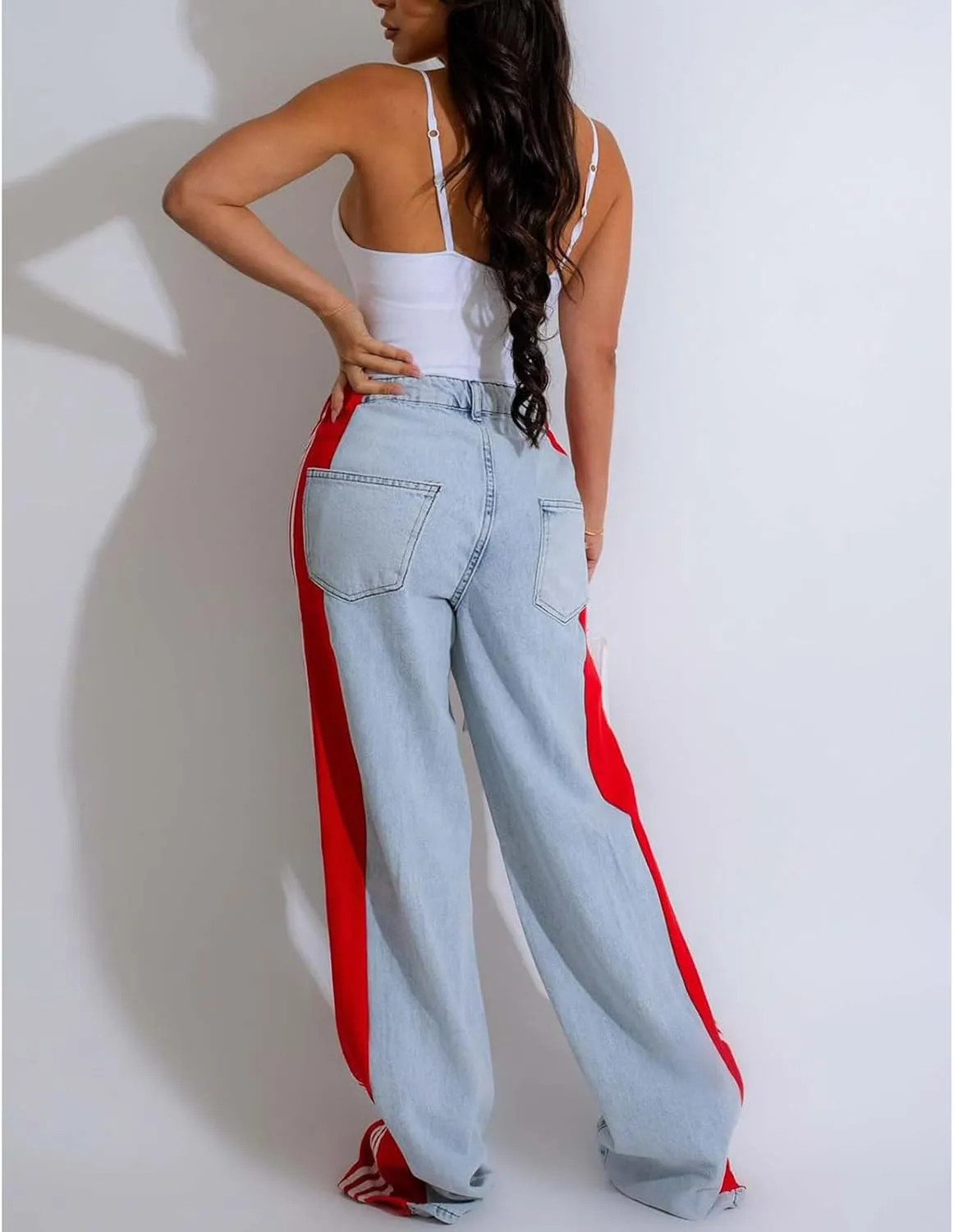Womens Jeans High Waisted Wide Leg Striped Patchwork Color Block Stretchy Loose Straight Denim Pants