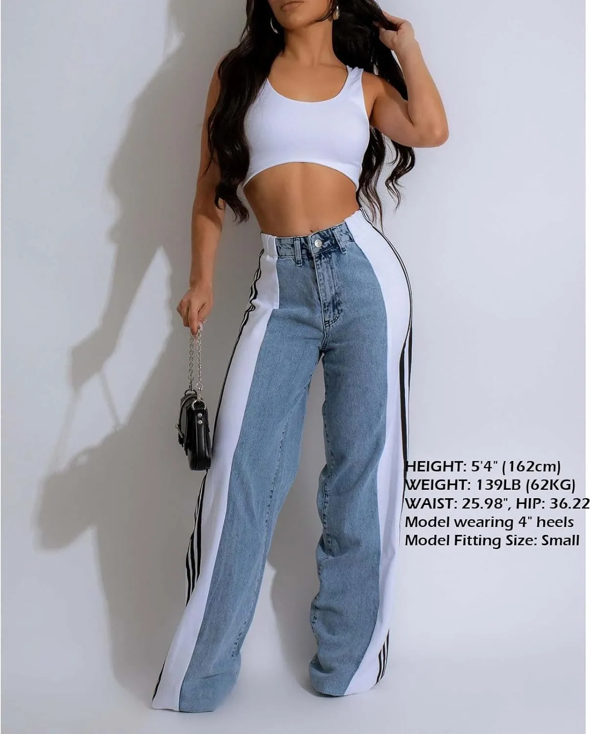 Womens Jeans High Waisted Wide Leg Striped Patchwork Color Block Stretchy Loose Straight Denim Pants