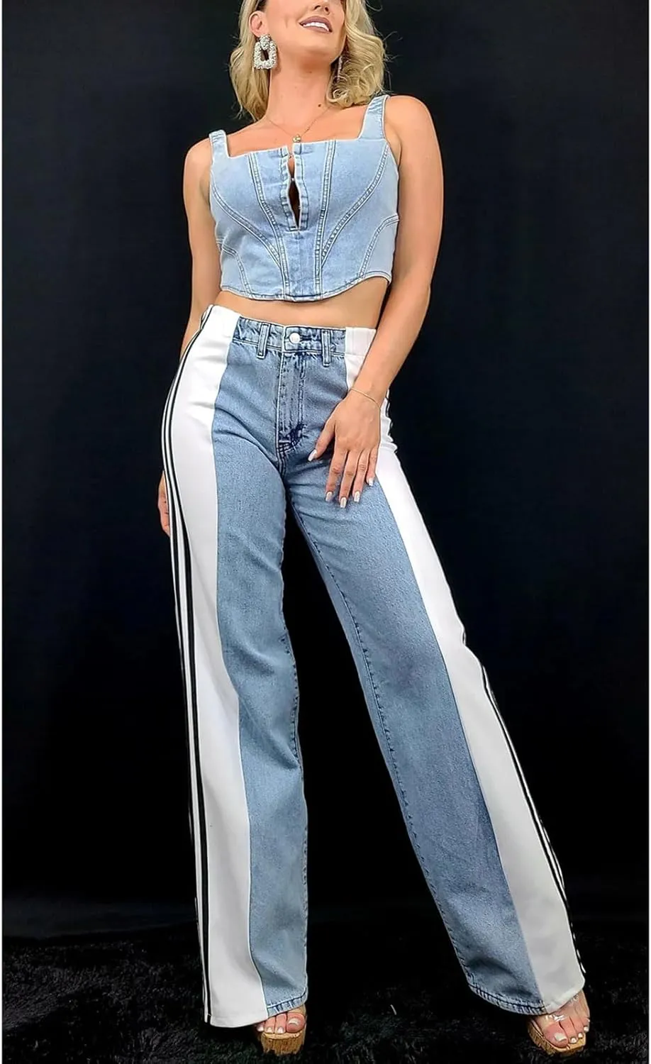 Womens Jeans High Waisted Wide Leg Striped Patchwork Color Block Stretchy Loose Straight Denim Pants