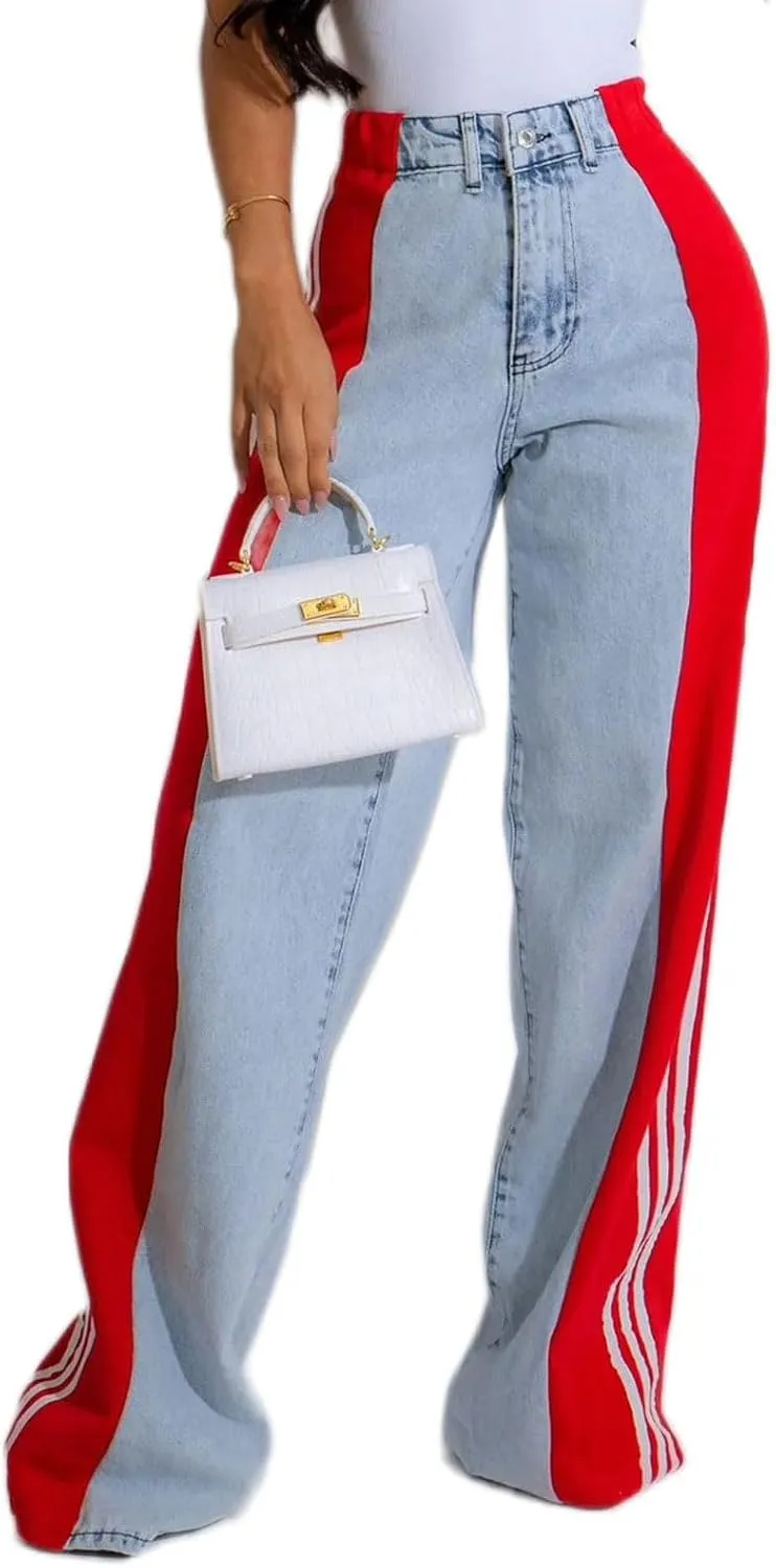 Womens Jeans High Waisted Wide Leg Striped Patchwork Color Block Stretchy Loose Straight Denim Pants