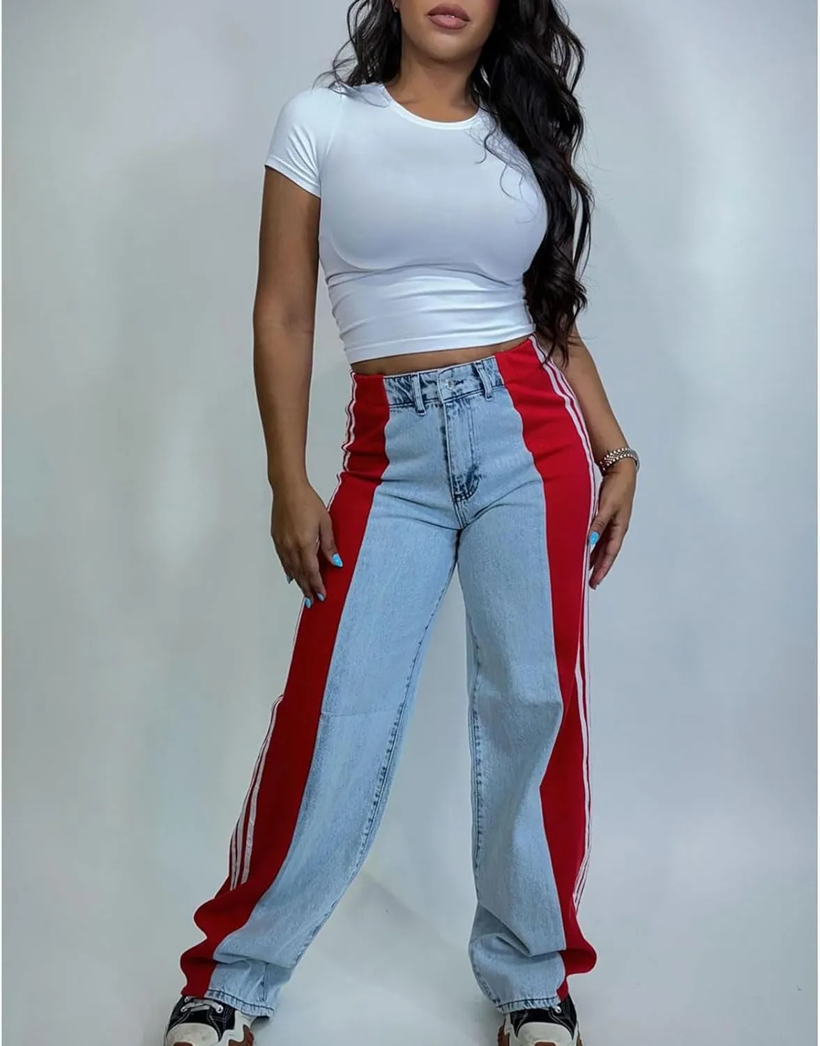 Womens Jeans High Waisted Wide Leg Striped Patchwork Color Block Stretchy Loose Straight Denim Pants