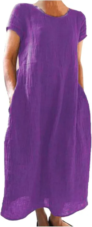 Women's Linen Dresses 2025 Casual Short Sleeve Crewneck T Shirts Maxi Dresses Loose Solid Retro Dress with Pockets