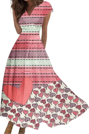 Women's Long Casual Dress Spring Summer Short Sleeve V-Neck Waist Retraction Printed Dress Fashion