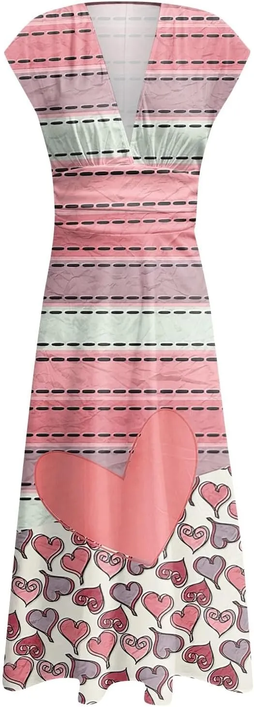 Women's Long Casual Dress Spring Summer Short Sleeve V-Neck Waist Retraction Printed Dress Fashion