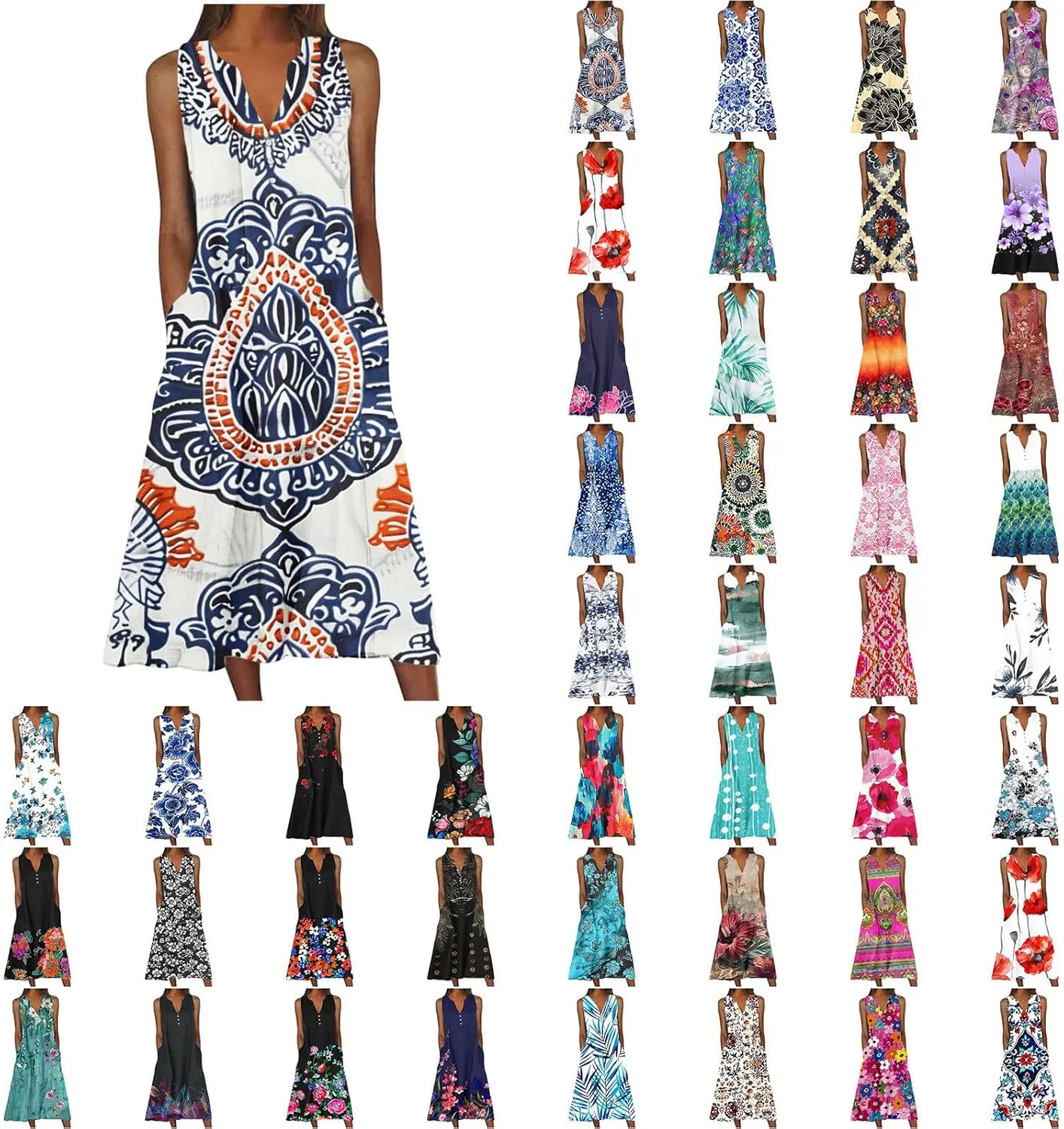 Women's Maxi Dress Fashion Printed Tank Dress Button V-Neck Sleeveless Dress Summer Boho Printed Long Dress
