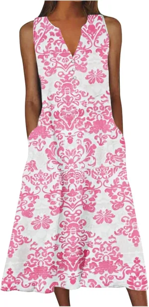 Women's Maxi Dress Fashion Printed Tank Dress Button V-Neck Sleeveless Dress Summer Boho Printed Long Dress