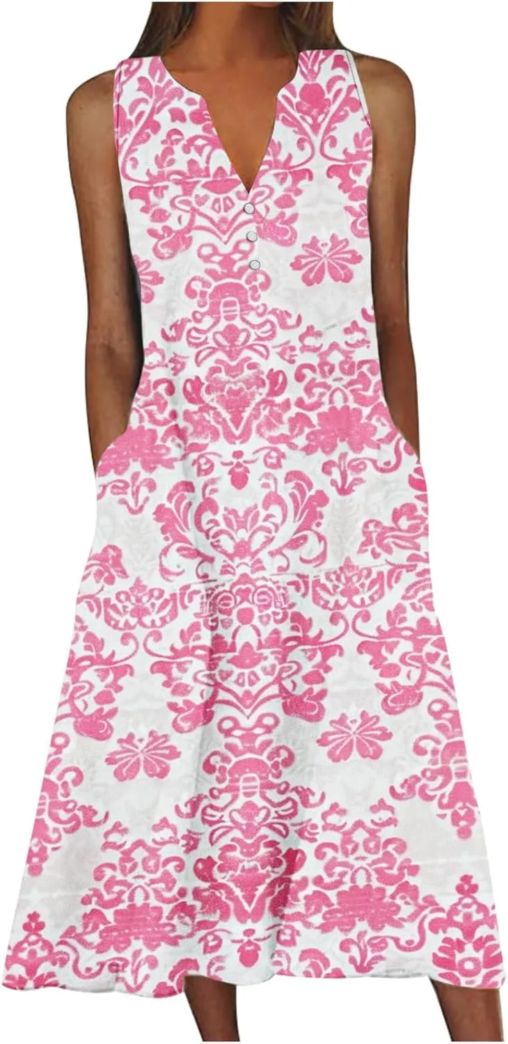 Women's Maxi Dress Fashion Printed Tank Dress Button V-Neck Sleeveless Dress Summer Boho Printed Long Dress