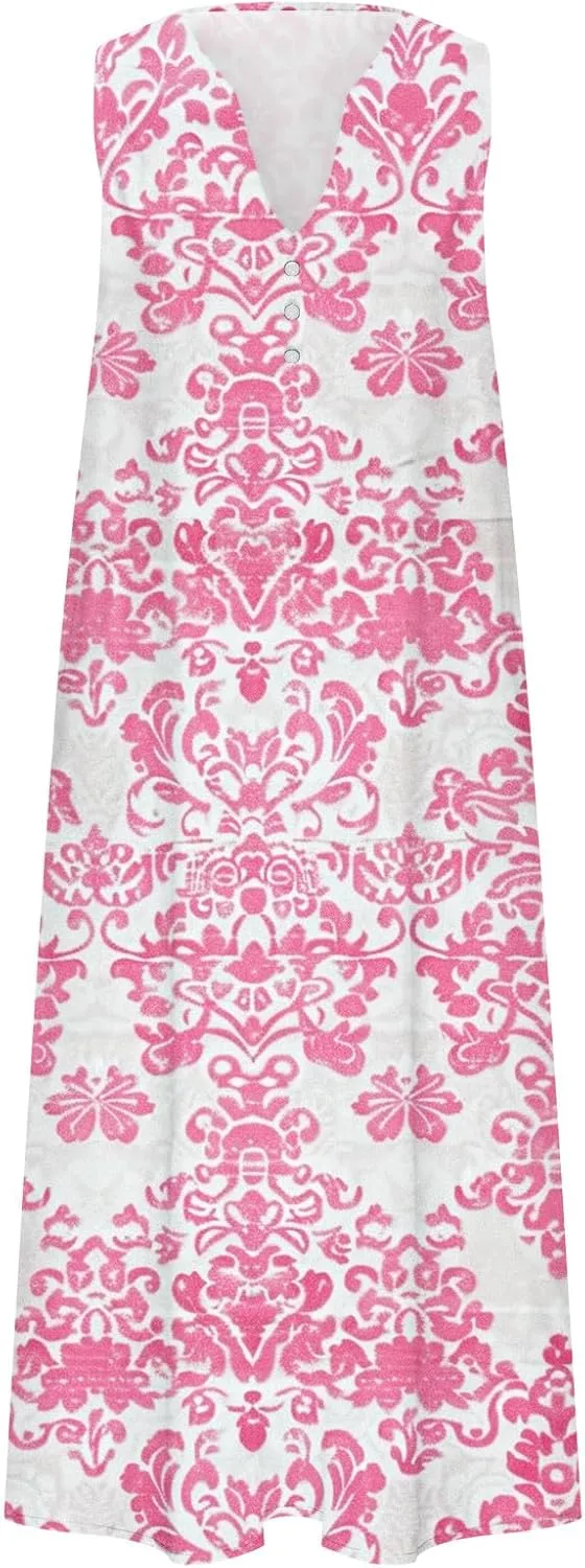 Women's Maxi Dress Fashion Printed Tank Dress Button V-Neck Sleeveless Dress Summer Boho Printed Long Dress
