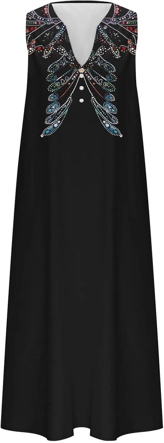 Women's Maxi Dress Fashion Printed Tank Dress Button V-Neck Sleeveless Dress Summer Boho Printed Long Dress