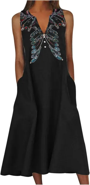 Women's Maxi Dress Fashion Printed Tank Dress Button V-Neck Sleeveless Dress Summer Boho Printed Long Dress