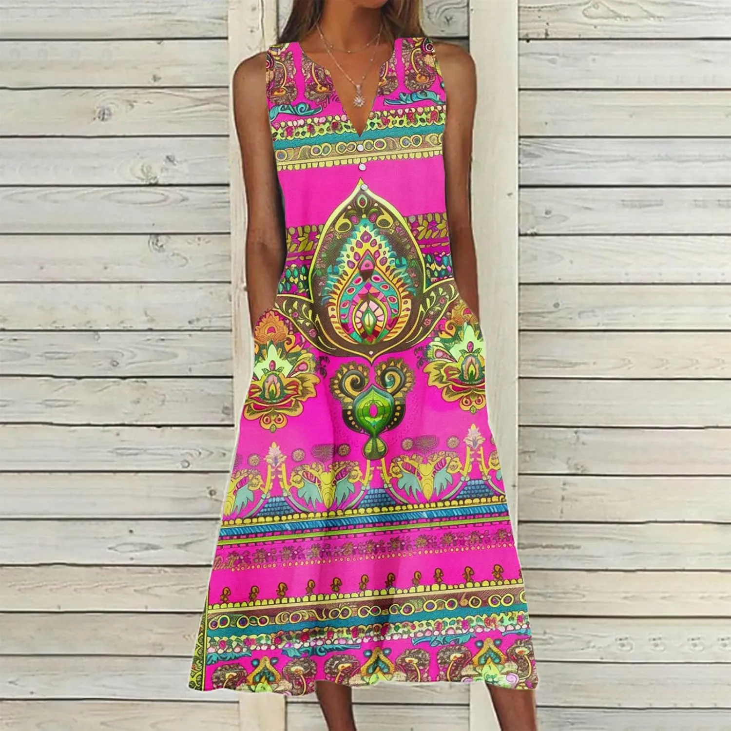 Women's Maxi Dress Fashion Printed Tank Dress Button V-Neck Sleeveless Dress Summer Boho Printed Long Dress