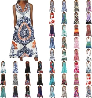 Women's Maxi Dress Fashion Printed Tank Dress Button V-Neck Sleeveless Dress Summer Boho Printed Long Dress