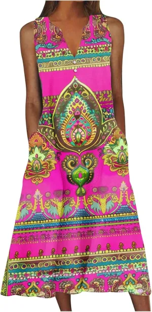 Women's Maxi Dress Fashion Printed Tank Dress Button V-Neck Sleeveless Dress Summer Boho Printed Long Dress