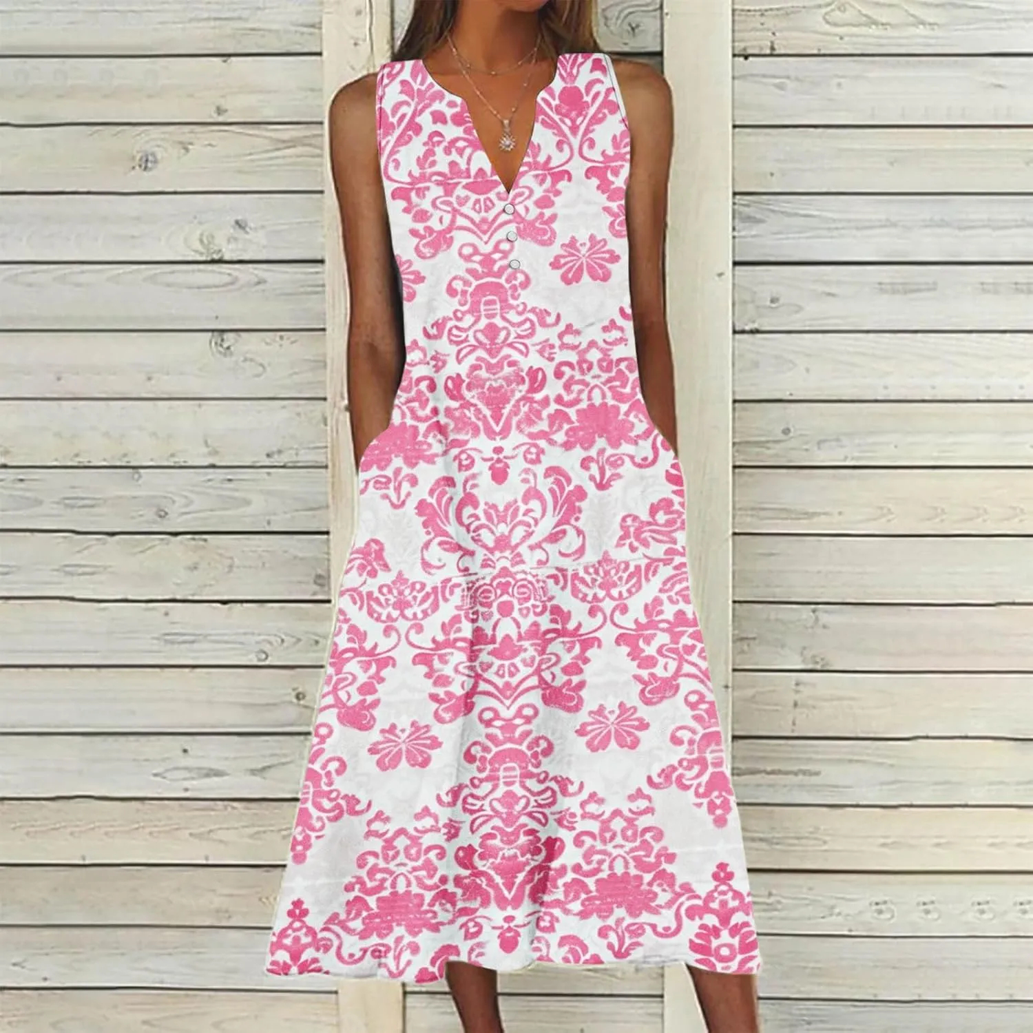 Women's Maxi Dress Fashion Printed Tank Dress Button V-Neck Sleeveless Dress Summer Boho Printed Long Dress