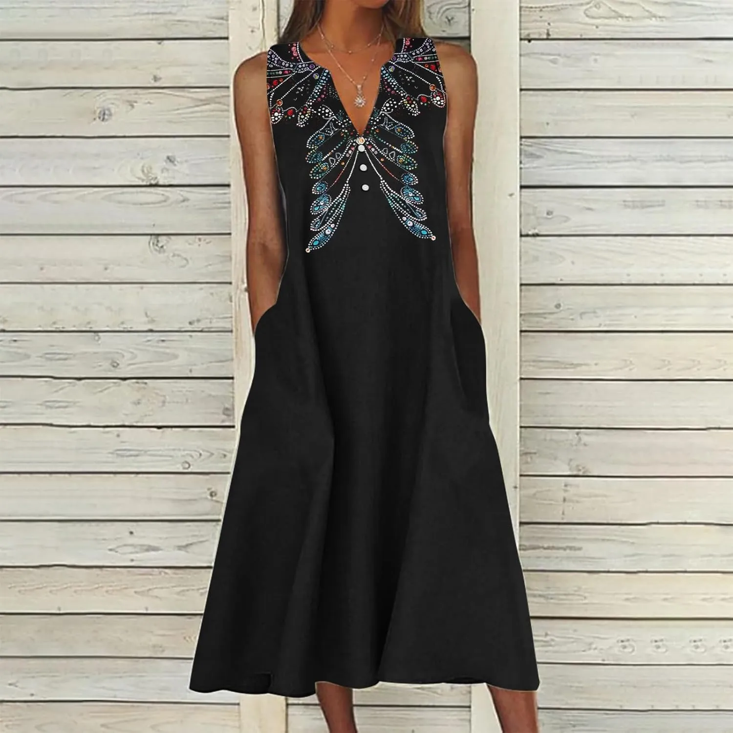 Women's Maxi Dress Fashion Printed Tank Dress Button V-Neck Sleeveless Dress Summer Boho Printed Long Dress