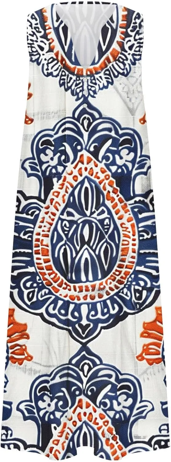 Women's Maxi Dress Fashion Printed Tank Dress Button V-Neck Sleeveless Dress Summer Boho Printed Long Dress