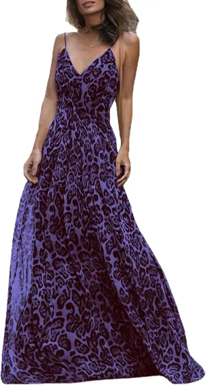 Women's Maxi Dress Spaghetti Strap Sleeveless V Neck Dress Leopard Printed Elegant Dresses Cocktail Party Dresses