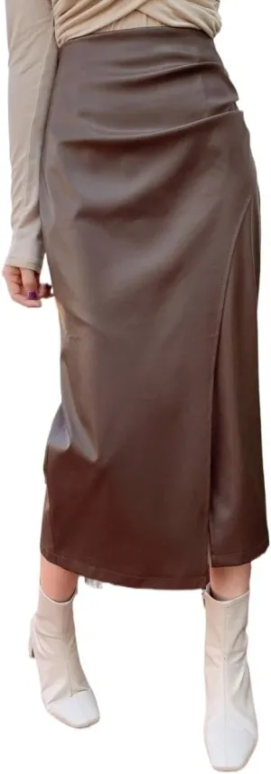 Women's Maxi Skirt Summer Midi Solid Color PU Slit Asymmetric Pleated Skirt