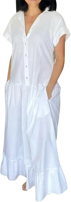 Women's Oversized Cotton Linen Shirt Dress Summer Fashion Button Down Short Sleeve Ruffle Trim Loose Dress