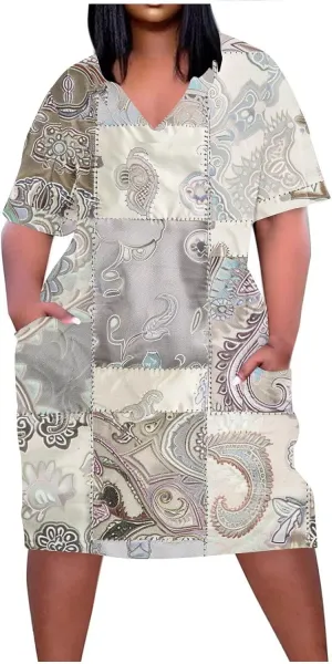 Women's Oversized Summer Sundresses Fashion Printed Loose Casual Dress Short Sleeved Knee Length Dress Beachwear