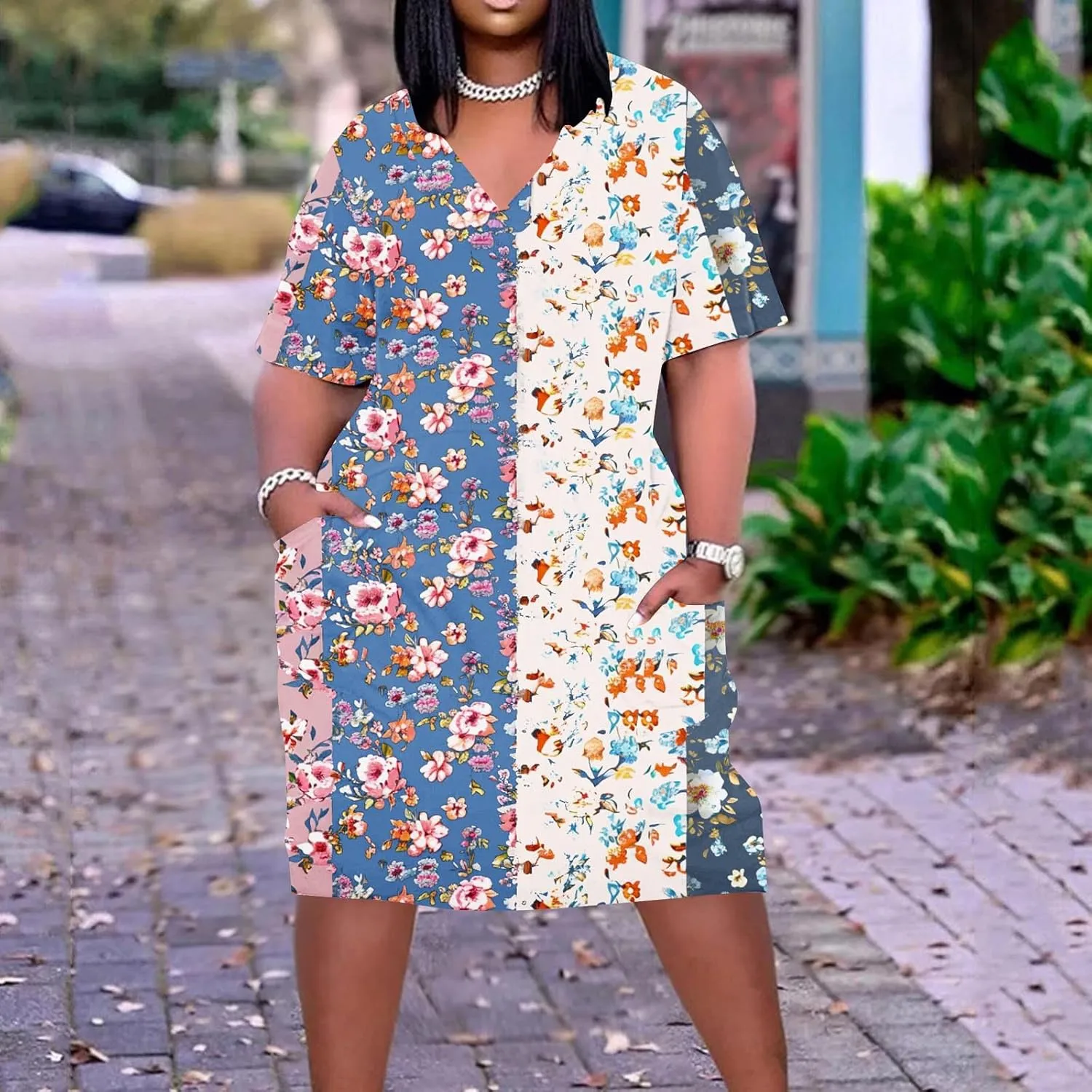 Women's Oversized Summer Sundresses Fashion Printed Loose Casual Dress Short Sleeved Knee Length Dress Beachwear