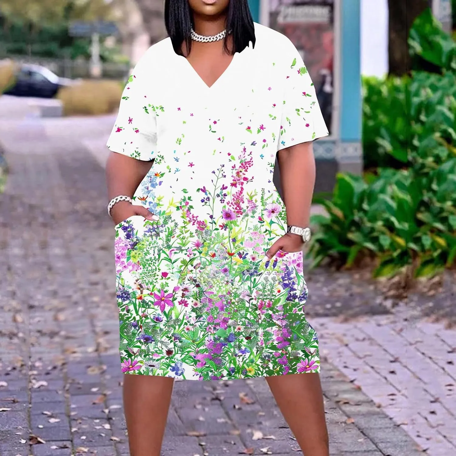 Women's Oversized Summer Sundresses Fashion Printed Loose Casual Dress Short Sleeved Knee Length Dress Beachwear