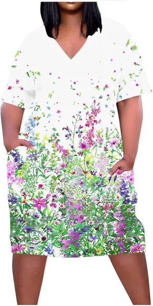 Women's Oversized Summer Sundresses Fashion Printed Loose Casual Dress Short Sleeved Knee Length Dress Beachwear