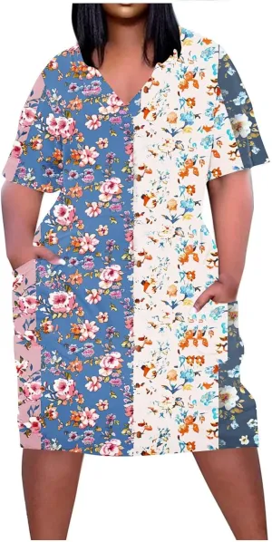 Women's Oversized Summer Sundresses Fashion Printed Loose Casual Dress Short Sleeved Knee Length Dress Beachwear
