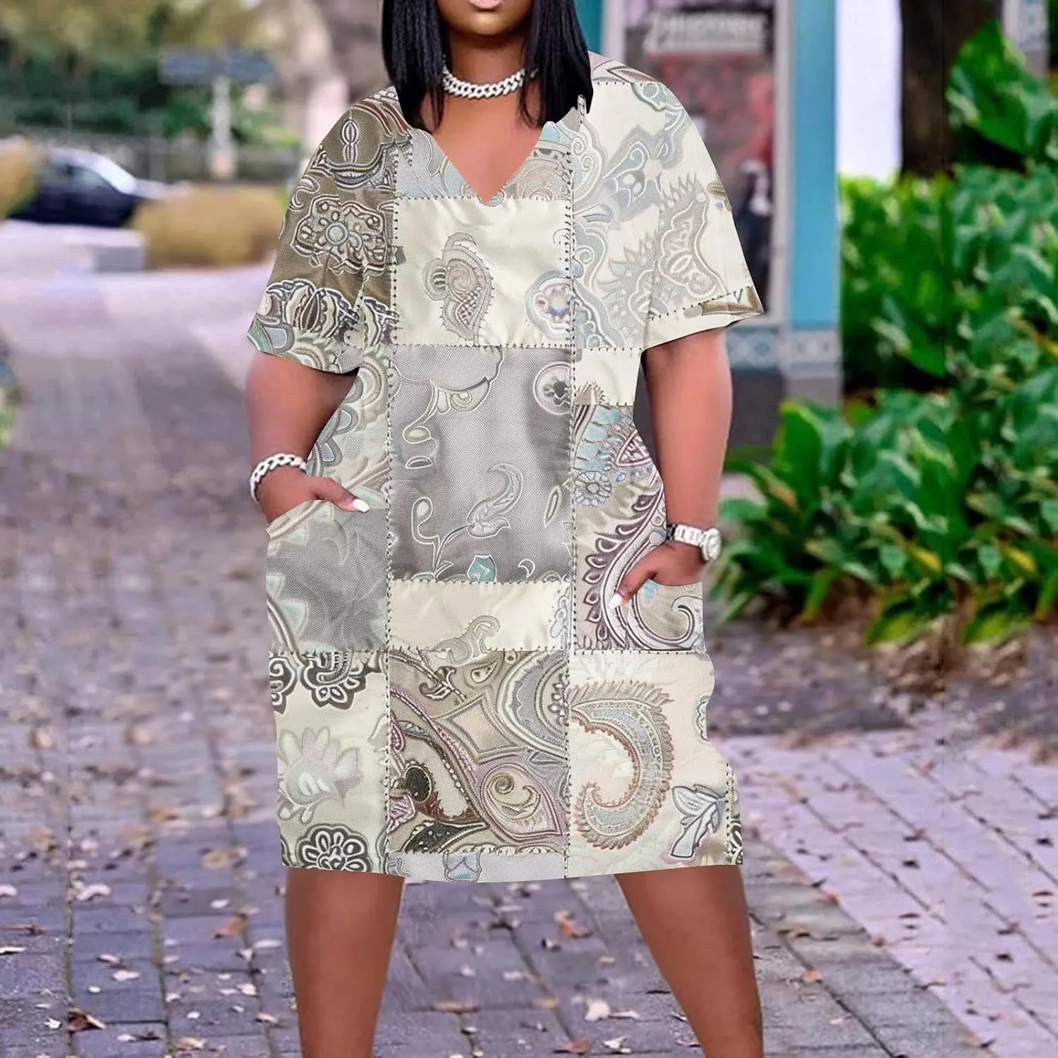 Women's Oversized Summer Sundresses Fashion Printed Loose Casual Dress Short Sleeved Knee Length Dress Beachwear